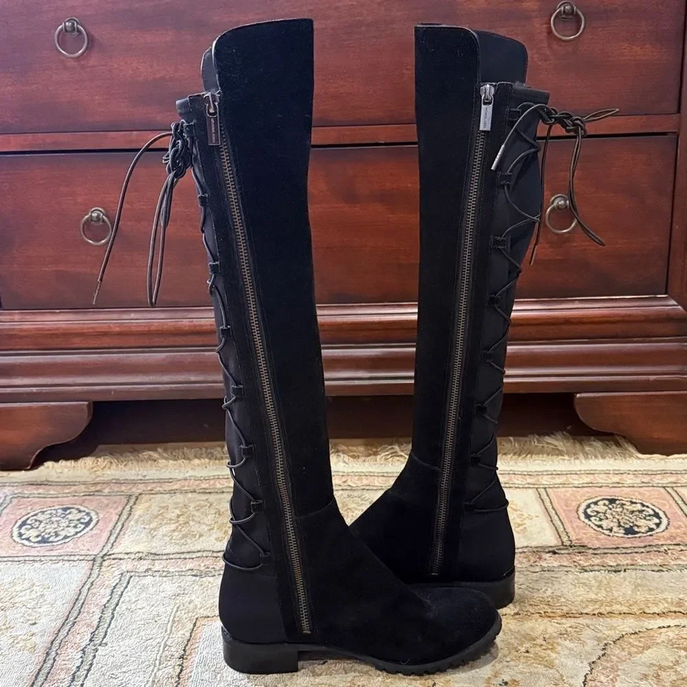 Michael Kors Skye Women’s Sz 6M Black Suede Rear Lace Zip Over-the-Knee Boots